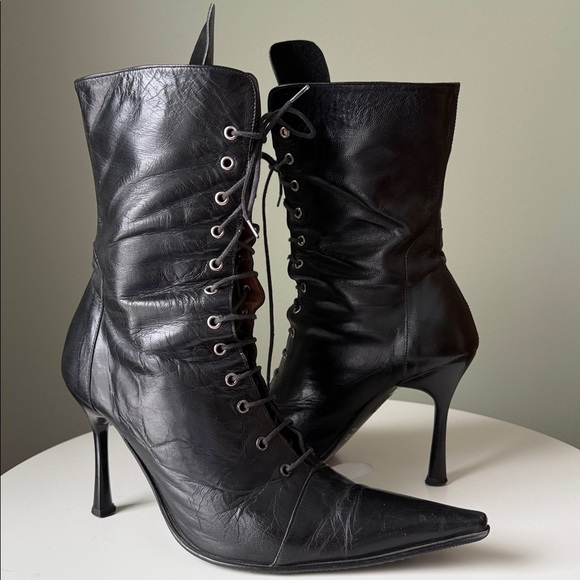 Gia Moretti leather pointed toe stiletto heel grommeted lace-up Boots Italian - Picture 11 of 17